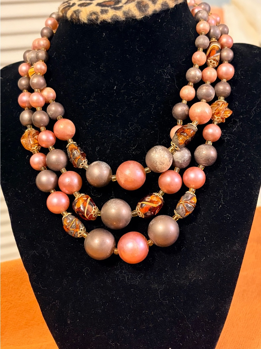 Vintage-Inspired Coral and Bronze Multi-Strand Bead Necklace